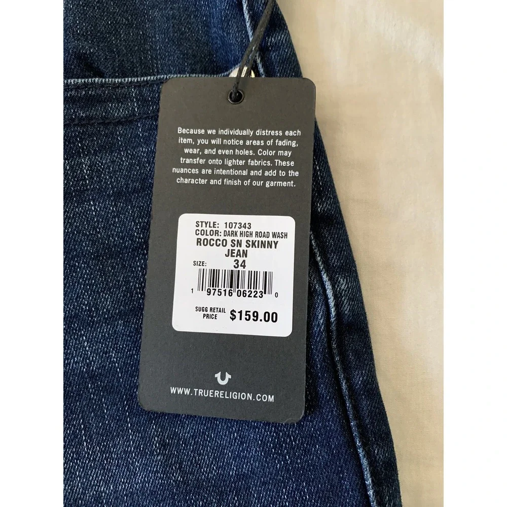 NWT TRUE RELIGION ROCCO RELAXED SKINNY NO FLAP Blue JEANS 34 X 32